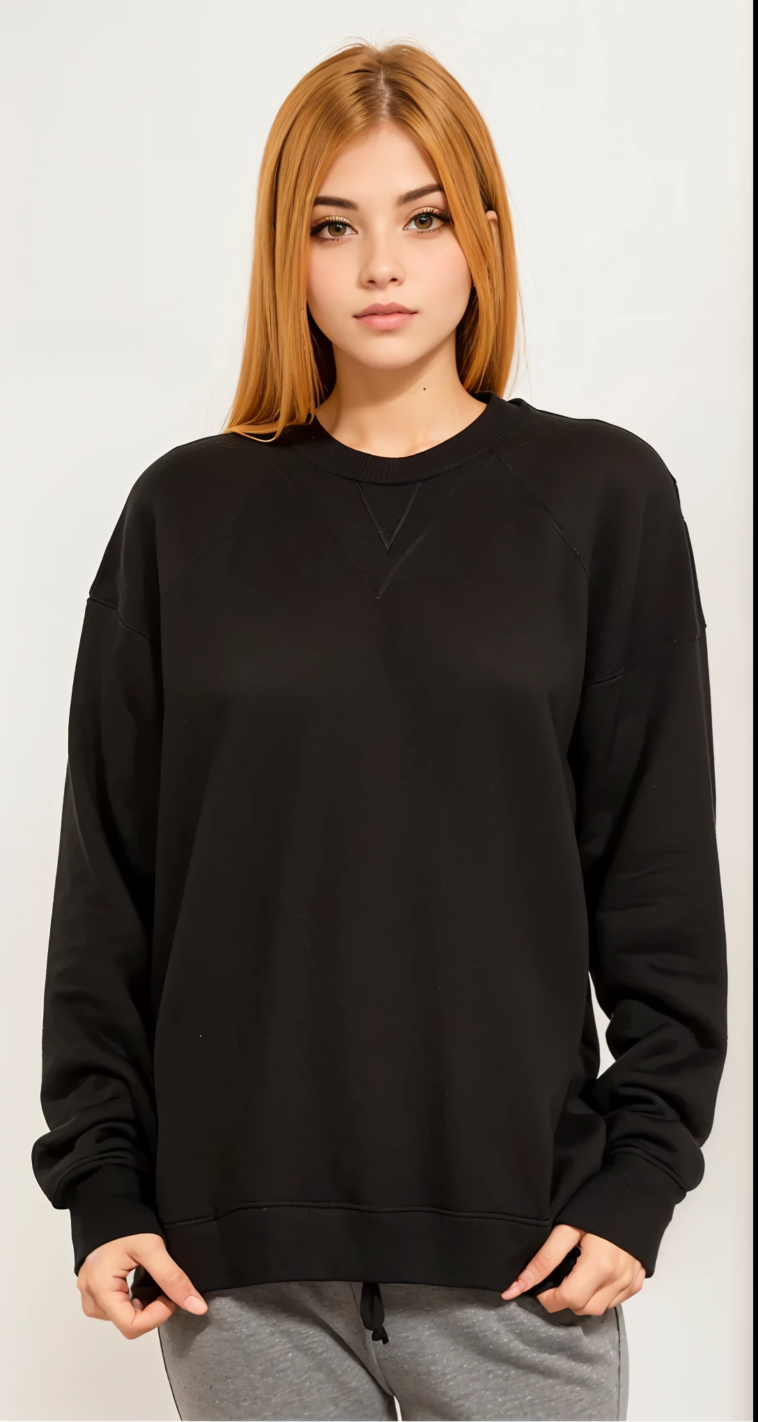 a woman with orange hair wearing a preto sweatshirt and grey pants, preto sweater, wearing a preto sweater, Manga compridas, wearing a dark sweater, preto clothing, Manga comprida, casual preto clothing, vestindo moletom, main colour - preto, preto oversized clothes, preto shirt, centre image, preto wool sweater, mulher de meados dos 20 anos, Retrato frontal, Roupa casual, preto