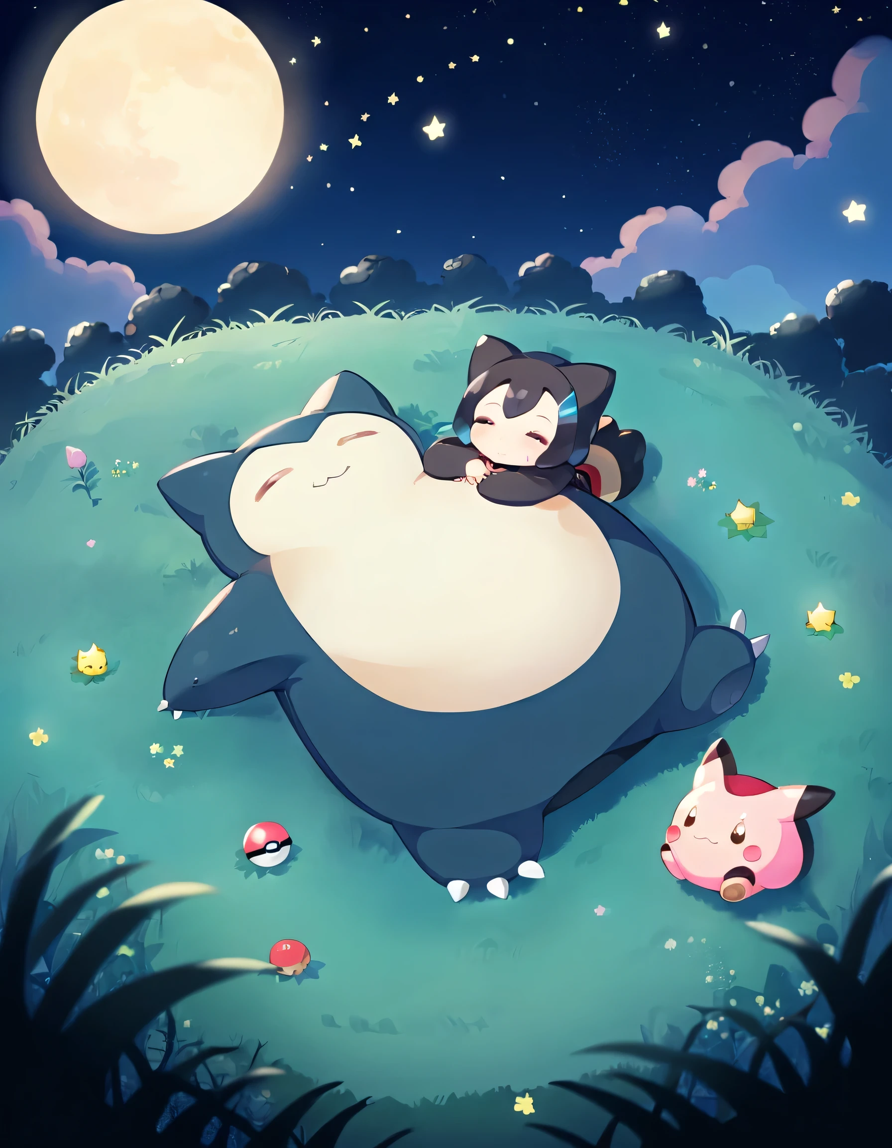 (birdeyeview),fullbody,lying sleeping,(black small snorlax),kawaii,(pokemon), black grassland, black night sky, kawaiitech, pastel colors, kawaii, cute colors