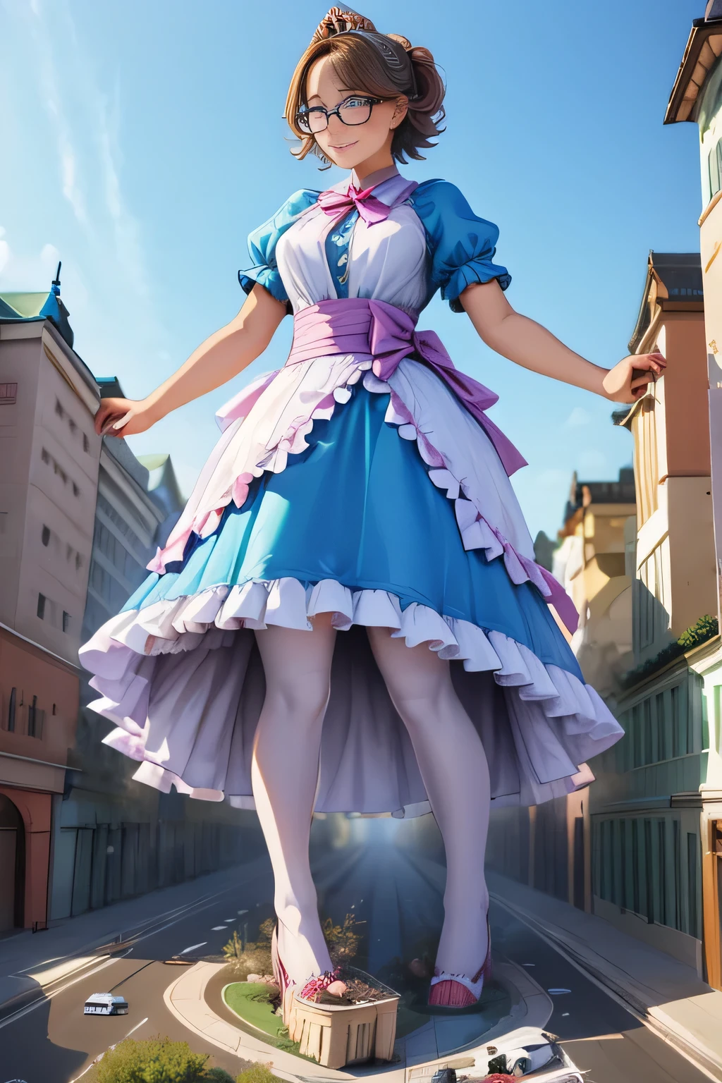 giantess art, highly detailed giantess shots, giantess, Two legs, Five fingers, short hair, super giant princess, A beautiful girl who is bigger than any skyscraper, Wearing rimless glasses, smile, Big Breasts, White gorgeous dress, White Pantyhose, white pantyhose, White stiletto sandals, toes visible through pantyhose, Destroying cities, A very small big city, Miniature metropolis, Full body description, GTS, giga giantess, stomping city, crash city, tiny city, micro city, pantyhose feet, High resolution, highest quality, masterpiece, princess dress,