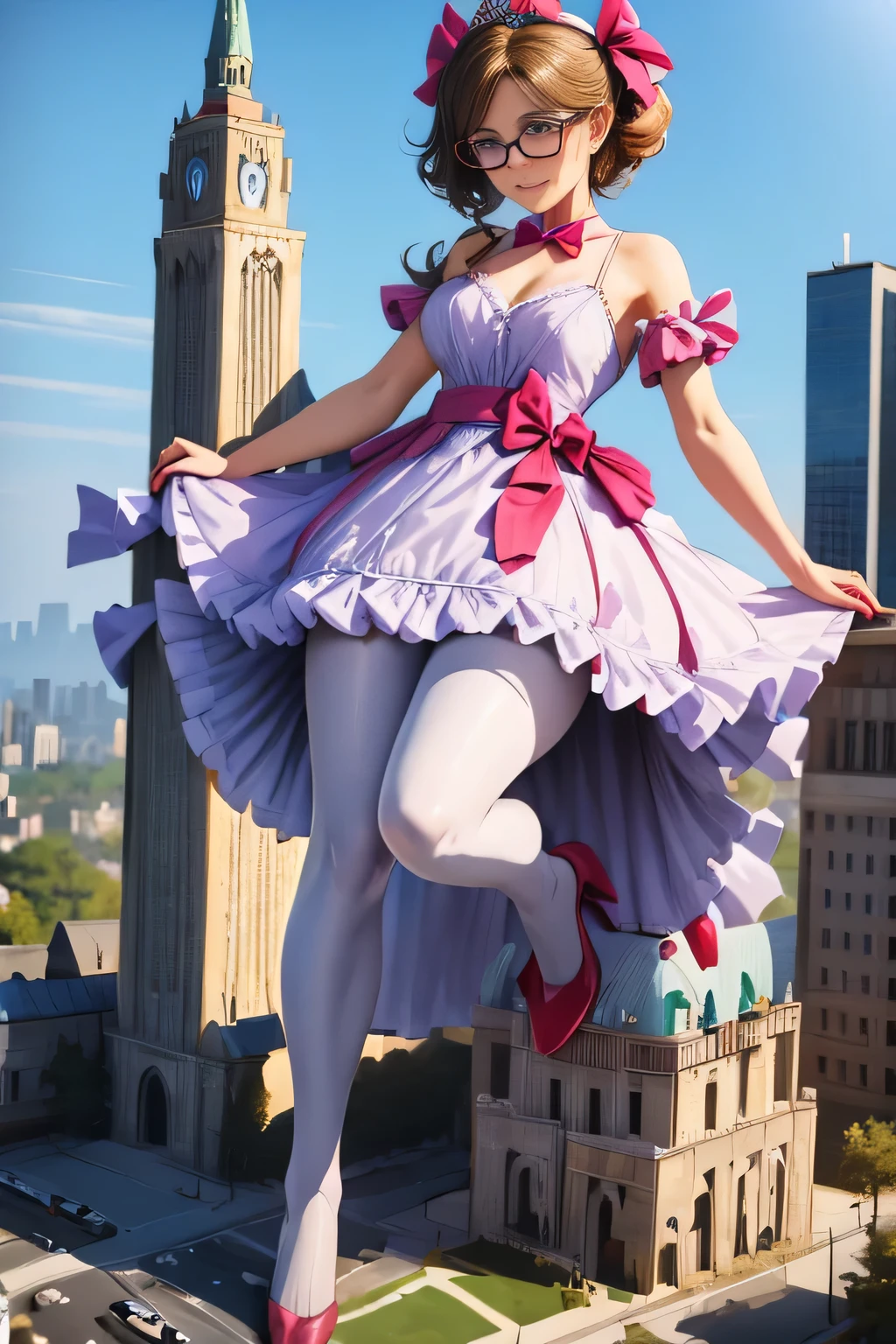 giantess art, highly detailed giantess shots, giantess, Two legs, Five fingers, short hair, super giant princess, A beautiful girl who is bigger than any skyscraper, Wearing rimless glasses, smile, Big Breasts, White gorgeous dress, White Pantyhose, white pantyhose, White stiletto sandals, toes visible through pantyhose, Destroying cities, A very small big city, Miniature metropolis, Full body description, GTS, giga giantess, stomping city, crash city, tiny city, micro city, pantyhose feet, High resolution, highest quality, masterpiece, princess dress, city in flames, ruins,