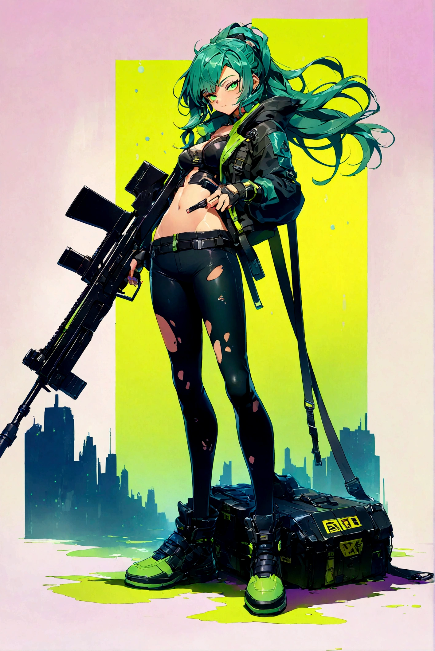 A male sniper holding a large cyberpunk rifle, dressed in a stylish outfit with a death emblem, set against a backdrop of a space-themed landscape.