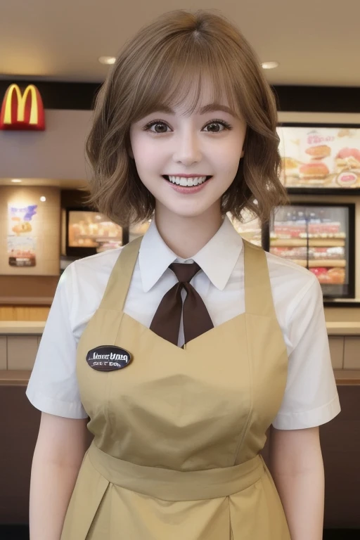 ((highest quality)), ((masterpiece)), (detailed), Perfect Face、High-definition photos、((whole body))、beautiful、Japanese、female、29-year-old、short hair、Light colored brown hair、Big eyes、smile、I can see some teeth、uniform、Inside a McDonald's store、((McDonald&#39;s employee))、((Standing in the counter))、(Customer Service)、(Working)、((Hitting the cash register))、