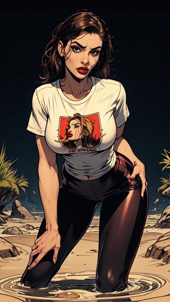 masterpiece, sensation:1.2, attention-grabbing:1.2, void bright background, horny, sexual pleasure, feminine facial features, t-shirt, sporty leggings, horny posing, sinking, quicksand, red lips