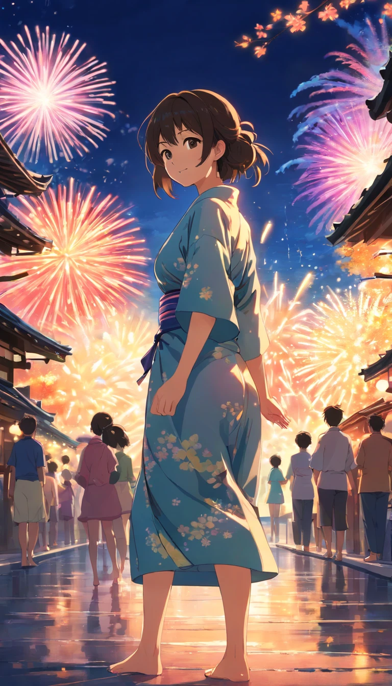 (8k, best quality, masterpiece:1.2),(best quality:1.0), (ultra highres:1.0), A beautiful Japanese summer festival scene featuring a young woman(18years old) in a traditional yukata with floral patterns.looking back over her shoulder, with a serene smile on her face. The night sky is illuminated by vibrant, colorful fireworks, reflecting off the water's surface. In the background, traditional Japanese buildings with warm lights add to the festive atmosphere. The overall mood is cheerful and magical, capturing the essence of a summer night filled with joy and celebration.HANABI. Slightly sexier look.