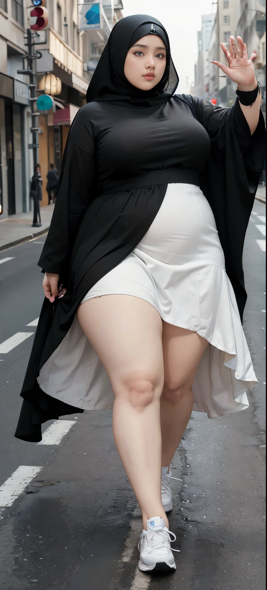 Milky white skin woman in black dress and hijab walking down the street, ,  hijab outfit, ,  hijab fashion model, plus size, plus size woman, ,  woman in black robes, beautiful woman, thicc, black outfit,, bbwchan , white sneakers , Height 170 cm, beautiful woman, with a beautiful appearance, a very beautiful masterpiece, a masterpiece of art, good lighting, Bright colors, Clean lines