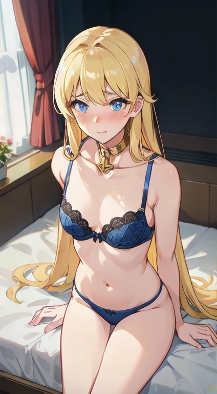 Realistic,Wide Angle,1girl in,(golden Long hair),blue eyes, Shy, embarrassed, blushed, Wide Angle, POV, From above, Sittinding, Shackles were placed around the neck, (Bra, pantiy), llight rays, Glow, (masutepiece)、Indoor、hotel room、on bed、dark room、slaves、Colossal 、Glamorous、((flat chest,slender))