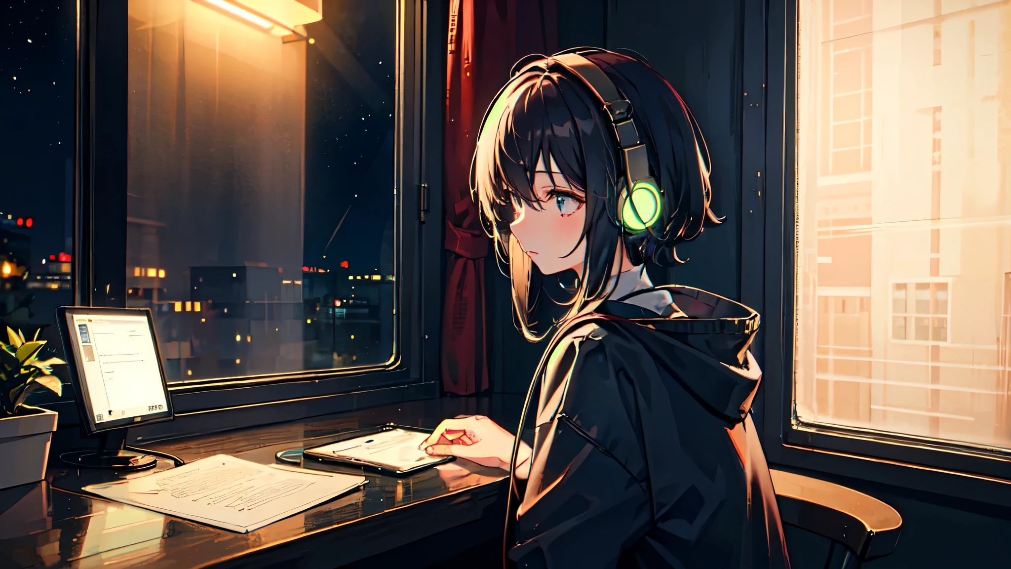 ((1 girl))、Black Hair、((Quiet room at night))、((Night view outside the window))、Calm expression、((study))、coffee、((I have headphones on))、Warm lighting