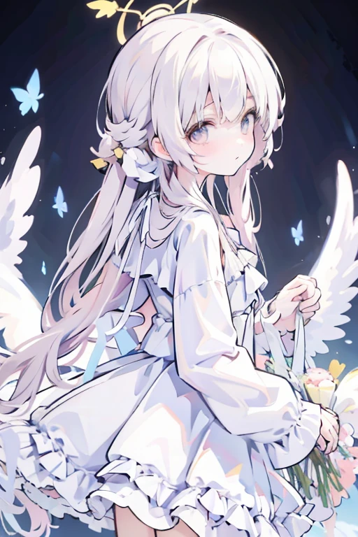 Top quality fluffy girl with fluffy hair, long hair, big eyes, dress, turning around, close-up, flowers, background flowers