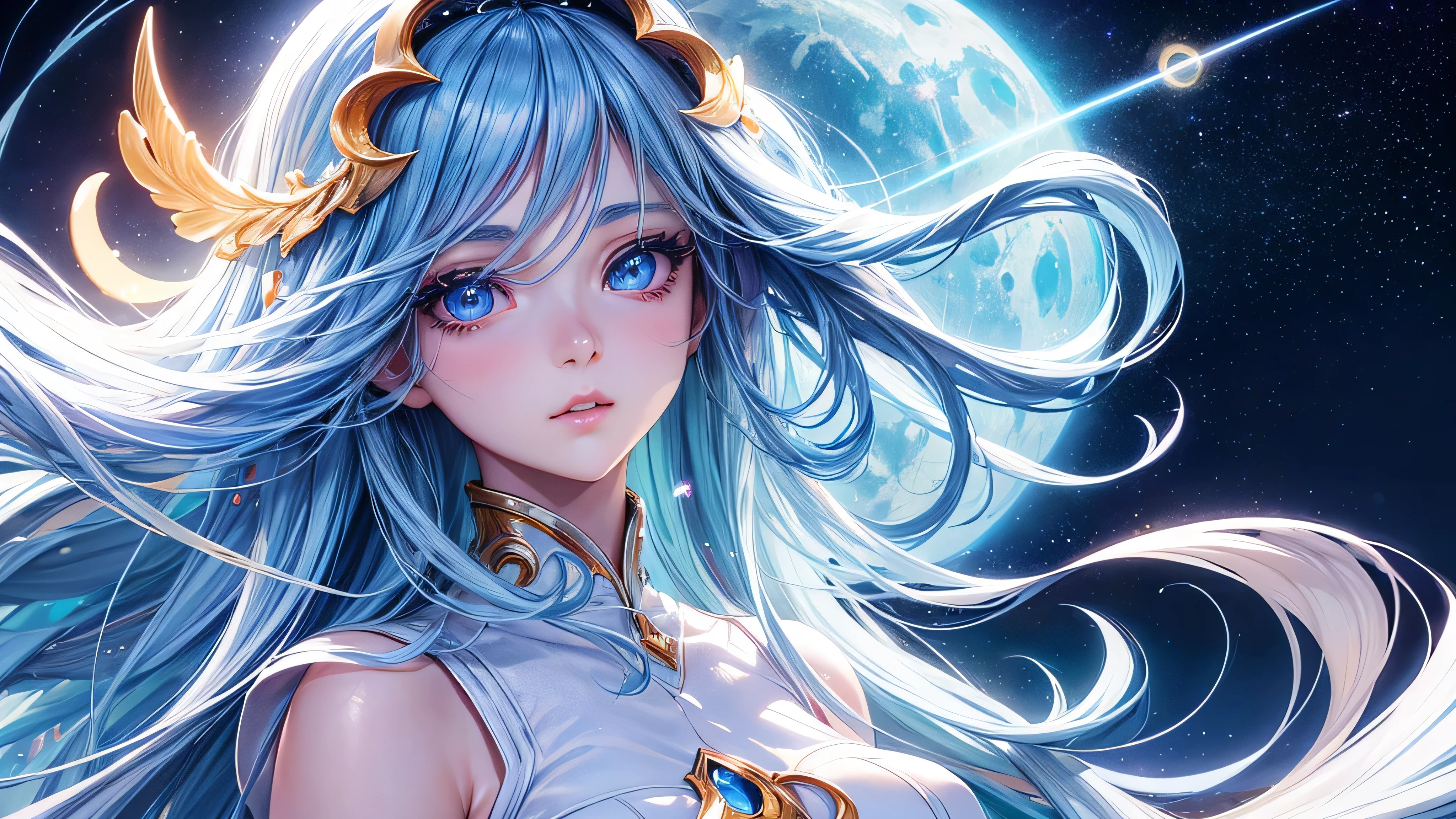 a beautiful anime girl, detailed face with big eyes, long eyelashes, detailed nose and lips, mesmerizing expression, long blue hair, wearing a white dress, standing in a breathtaking night sky, full of glowing stars, crescent moon, atmospheric lighting, cinematic composition, dramatic colors, vibrant, detailed, masterpiece, 8K, hyper-realistic, digital art