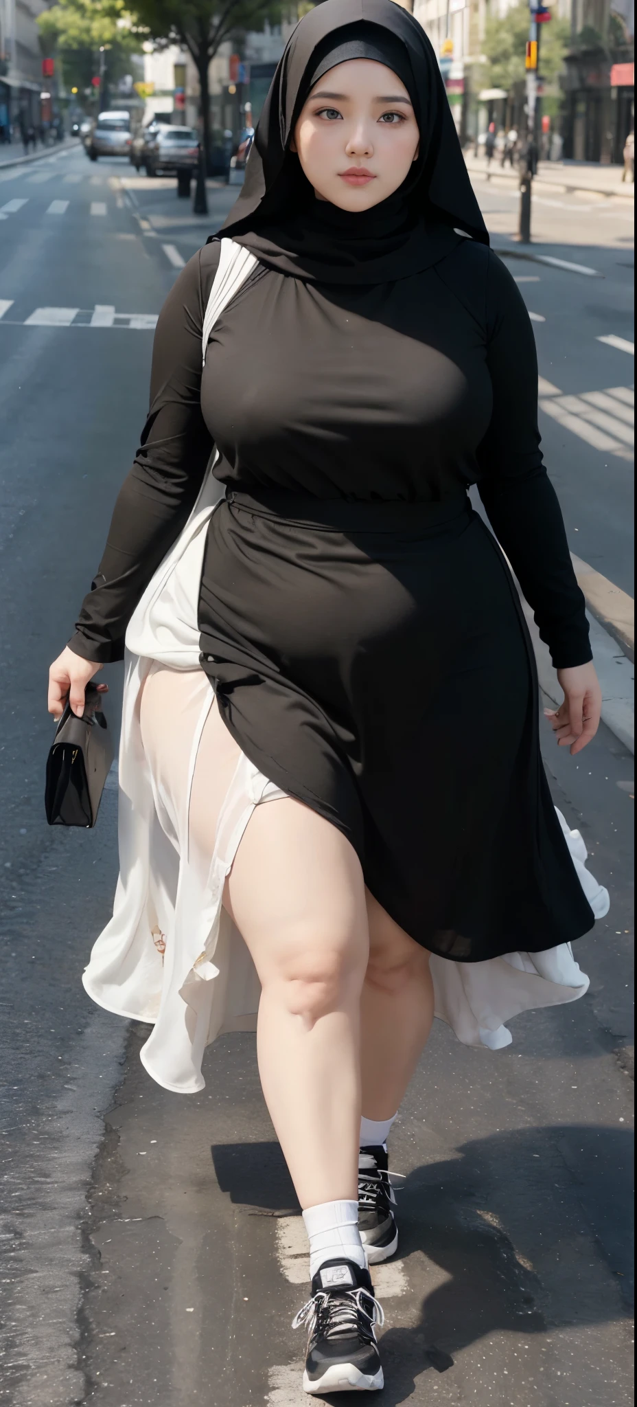 Milky white skin woman in black dress and hijab walking down the street, ,  hijab outfit, ,  hijab fashion model, plus size, plus size woman, ,  woman in black robes, beautiful woman, thicc, black outfit,, bbwchan , white sneakers , Height 170 cm, beautiful woman, with a beautiful appearance, a very beautiful masterpiece, a masterpiece of art, good lighting, Bright colors, Clean lines