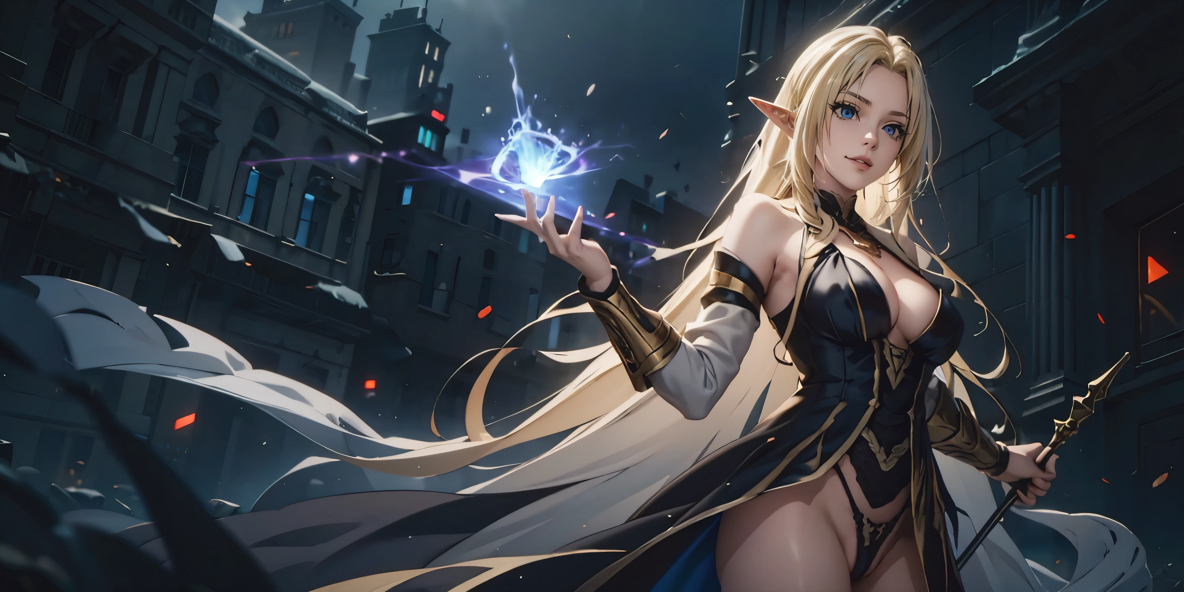 AlphaNDV, 1girl, blonde hair, blue eyes, large breasts, very long hair, elf, pointy ears, anatomically correct, breasts, epic art, fantasy, 1girl, breasts, solo, vastaya, cleavage, large_breasts, staff, choker, glow effects, godrays, Hand drawn, render, 8k, octane render, cinema 4d, blender, dark, atmospheric 4k ultra detailed, cinematic, Sharp focus, big depth of field, Masterpiece, colors, 3d octane render, 4k, concept art, trending on artstation, hyperrealistic, Vivid colors, extremely detailed CG unity 8k wallpaper, trending on CGSociety, Intricate, High Detail, dramatic, white dress, egyptian clothes maebari, bottomless, crotch plate,
