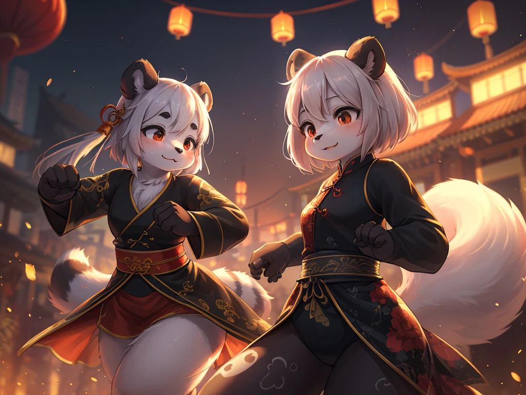 Ink painting , Hallucination, daydream , bokeh , hairy fur , messy slender panda girl , china dress , Chest protrusion , Chinese Panda pattern face , Kung Fu action , Do Tai Chi , Fluttering in the wind , High-level Match, Clash
