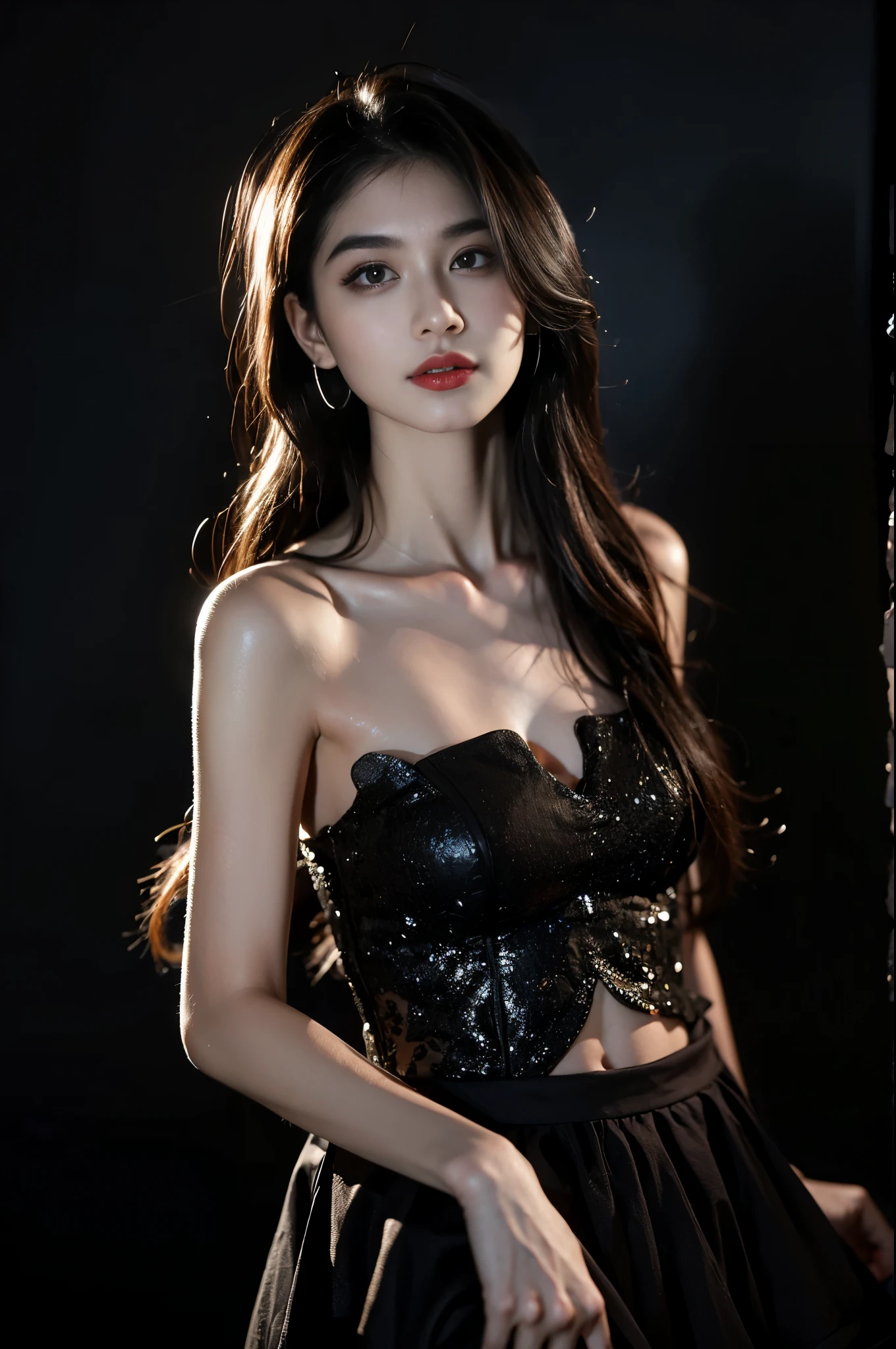 (High resolution,Practical) Long hair girl,skirt, Beautiful demon woman from hell, (in the darkness: 1.6), Very rich facial details，Red-black lips, Shoulder devil tattoo，rugged, Moderate: Detailed facial features, Determine the expression, Dark background