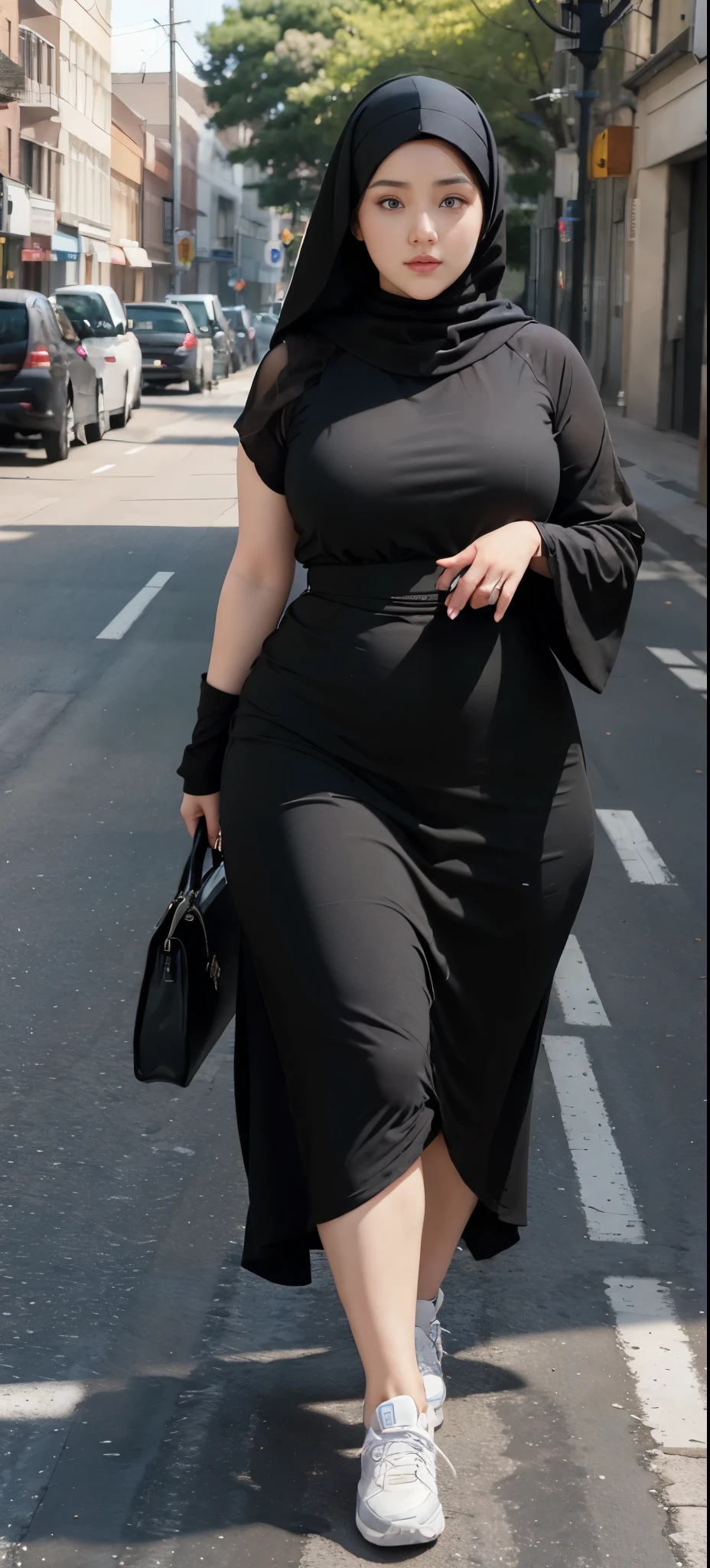 Milky white skin woman in black dress and hijab walking down the street, , hijab outfit, , hijab fashion model, plus size, plus size woman, , woman in black robes, beautiful woman, thicc, black outfit,, bbwchan , white sneakers , Height 170 cm, beautiful woman, with a beautiful appearance, a very beautiful masterpiece, a masterpiece of art, good lighting, Bright colors, Clean lines