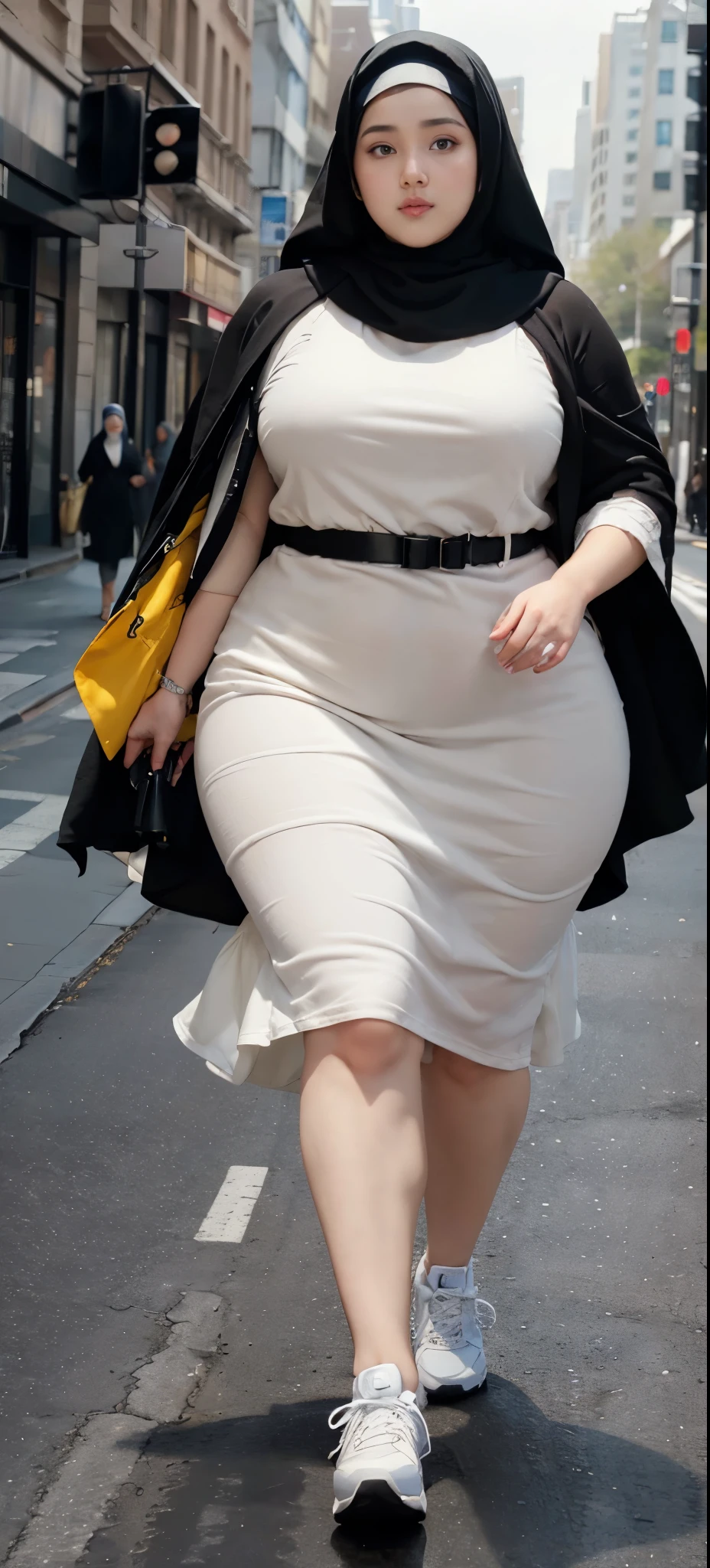 Milky white skin woman in black dress and hijab walking down the street, , hijab outfit, , hijab fashion model, plus size, plus size woman, , woman in black robes, beautiful woman, thicc, black outfit,, bbwchan , white sneakers , Height 170 cm, beautiful woman, with a beautiful appearance, a very beautiful masterpiece, a masterpiece of art, good lighting, Bright colors, Clean lines