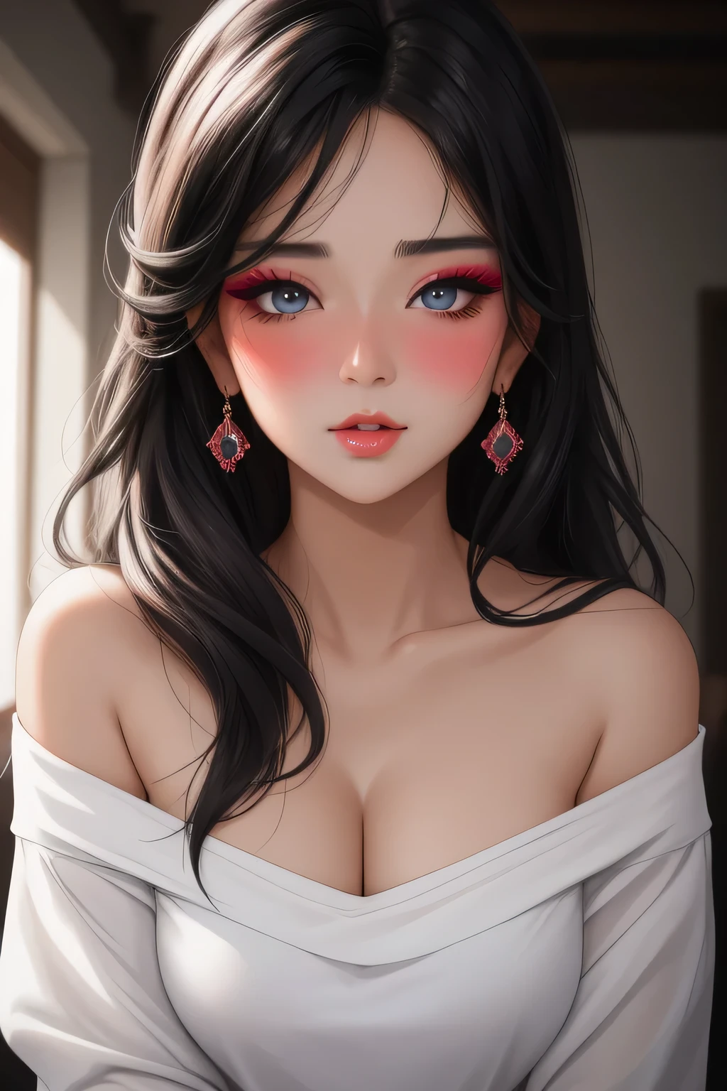 Amazing portrait of a sexy woman with a beautiful face emphasised by amazing makeup and black hair and seductive eyes in an intense gaze with her mouth parted and a deep blush on her face as she's flustered wearing an off shoulder t shirt