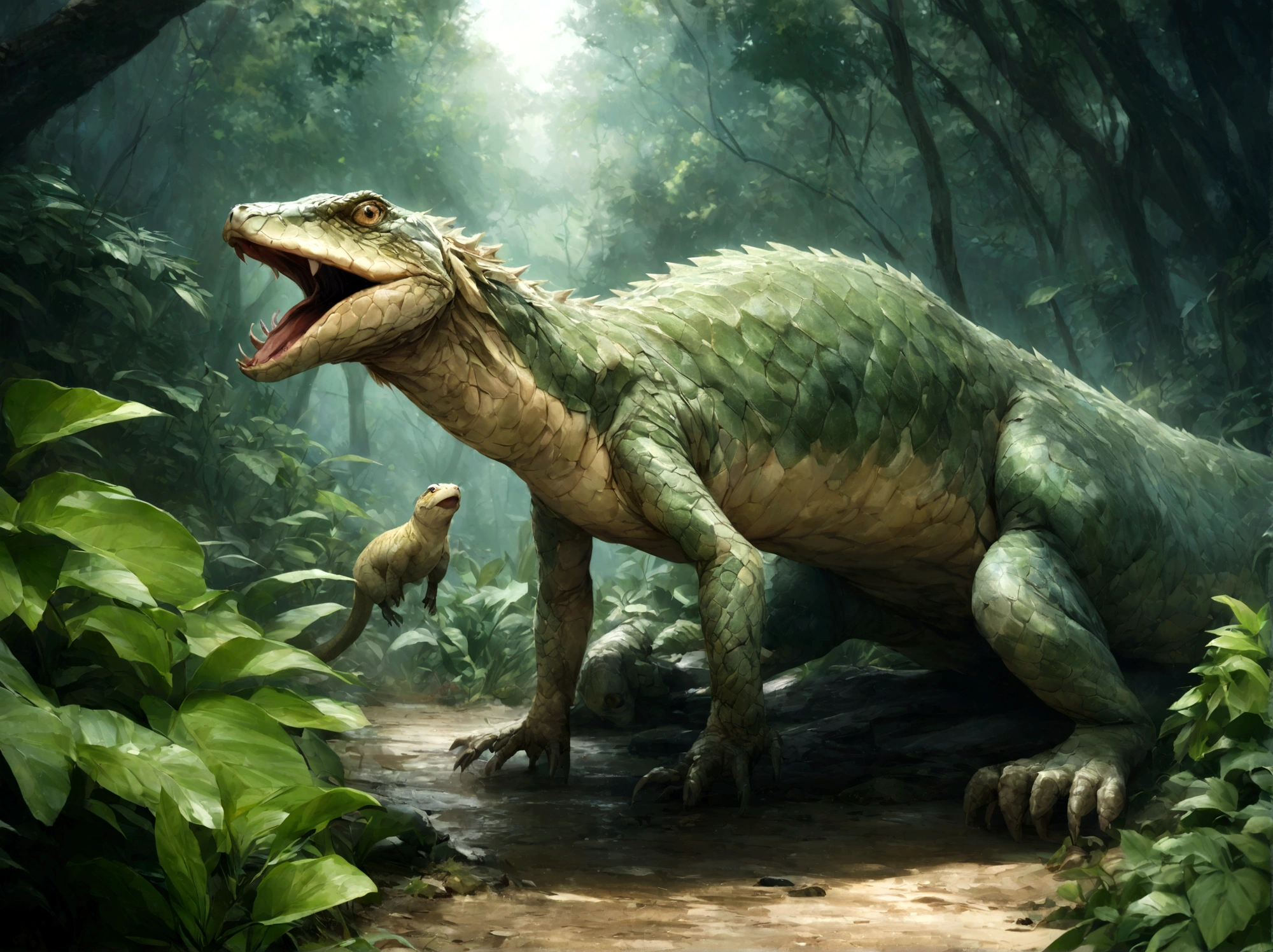 (Ultra-realistic,highest quality,4K,8k,High resolution,masterpiece:1.2),Super detailed,Realistic,photoRealistic:1.37,They mainly live in the Amazon rainforest and the South African savannah.。The body length is about 7 meters、Weight: about 500 kilograms。Its appearance is that of a giant lizard covered in scales.、It has sharp spines on its back。Its diet consists of preying on small mammals.、Sometimes they attack larger animals.。If you see one, never approach、Leave the area immediately.、It is recommended to contact a specialist agency。It contains powerful toxins、One bite can cause paralysis、It can become life-threatening in a short period of time。Also、They are nocturnal and are said to often hide in the shade of rocks or in bushes during the day.。Recent、Poachers are a problem、There are concerns about its impact on the ecosystem.。
