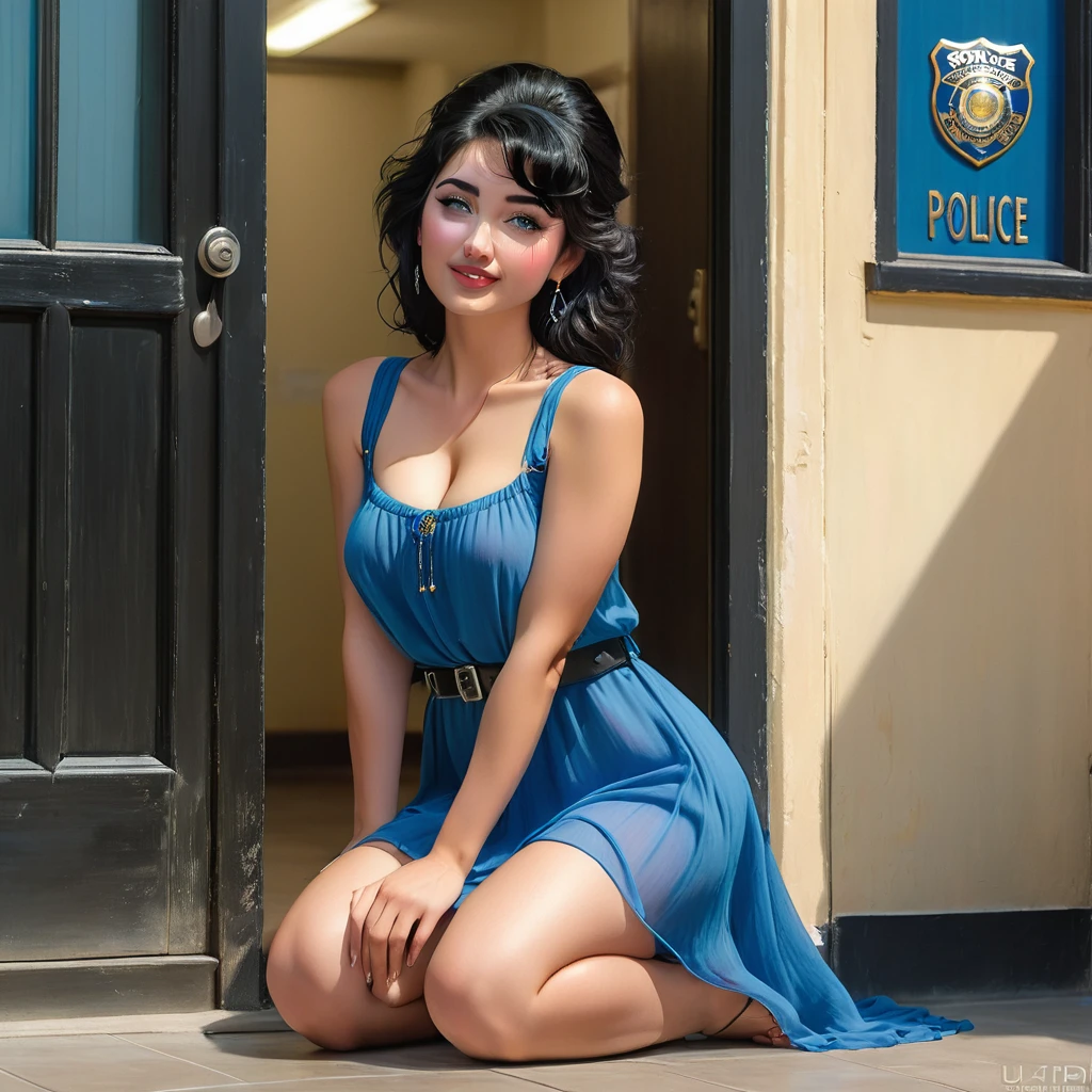 humbler woman in a kneeling pose, visible nipples, black hair, blue pupils, delicate face, cute, love earrings, absolute sheer sundress, standing at the door of the police station, playful, ultra hd, masterpiece, best quality, super detail, accurate