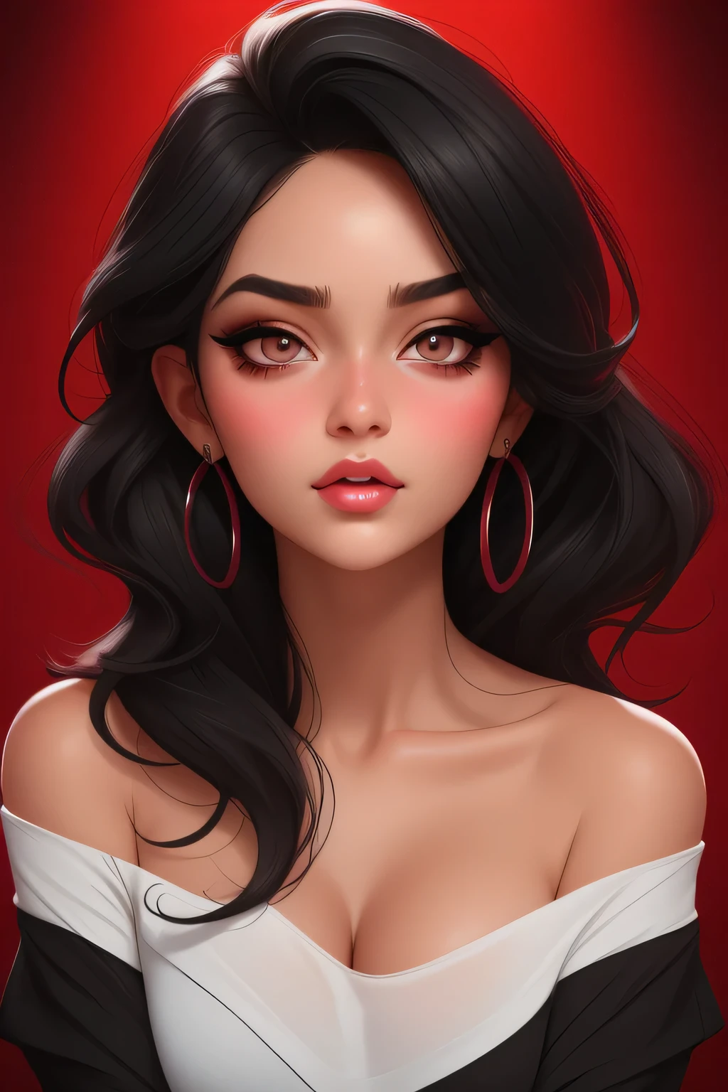 Amazing portrait of a sexy woman with a beautiful face emphasised by amazing makeup and black hair and seductive eyes in an intense gaze with her mouth parted and a deep blush on her face as she's flustered wearing an off shoulder t shirt