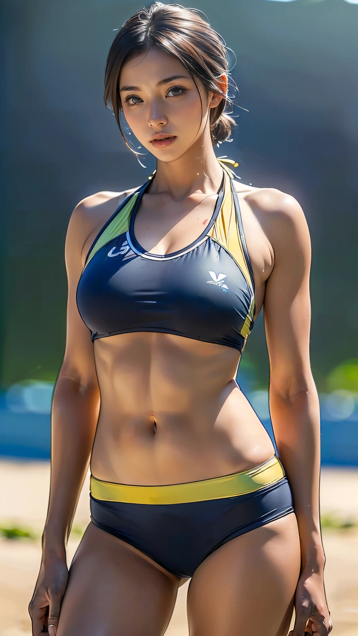 (One Woman),(female beach volley player),(Holding the ball:1.5),(Japanese),(Bikini-style beach volleyball uniform:1.5),(short hair),(Low angle:1.2),(front),(Beautiful Eyes),(Beautiful Face),(Very detailedな顔:1.5),((Very detailedな女性の手:1.5)),(Sunburned skin:1.5),((Muscular:1.5)),(blushing face:1.5),(Thick thighs:1.5),(Well-built:1.5),(Beautiful body:1.5),(Fleshy:1.5),(The background is clear sky:1.5),(((Blur the background:1.5))),(Gentle light:1.5),(Written boundary depth:1.5),BREAK(((masterpiece:1.5),(highest quality:1.5),(Very detailed:1.5),(High resolution:1.5),(Realistic:1.5),(Realistic:1.5))),8k