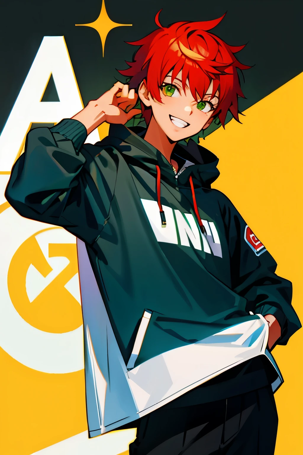 (masterpiece), ((sfw)), best quality, expressive eyes, perfect face, , (1girl,, young adult, handsome girl, longer face, flat body), solo, red hair messy short Wolf cut hair, green eyes BREAK (tanned skin, tanned male), cowboy shot, smile, grin, hoddie with racing car jacket on top BREAK black pants BREAK standing, :D, smile, boy looking, longer face