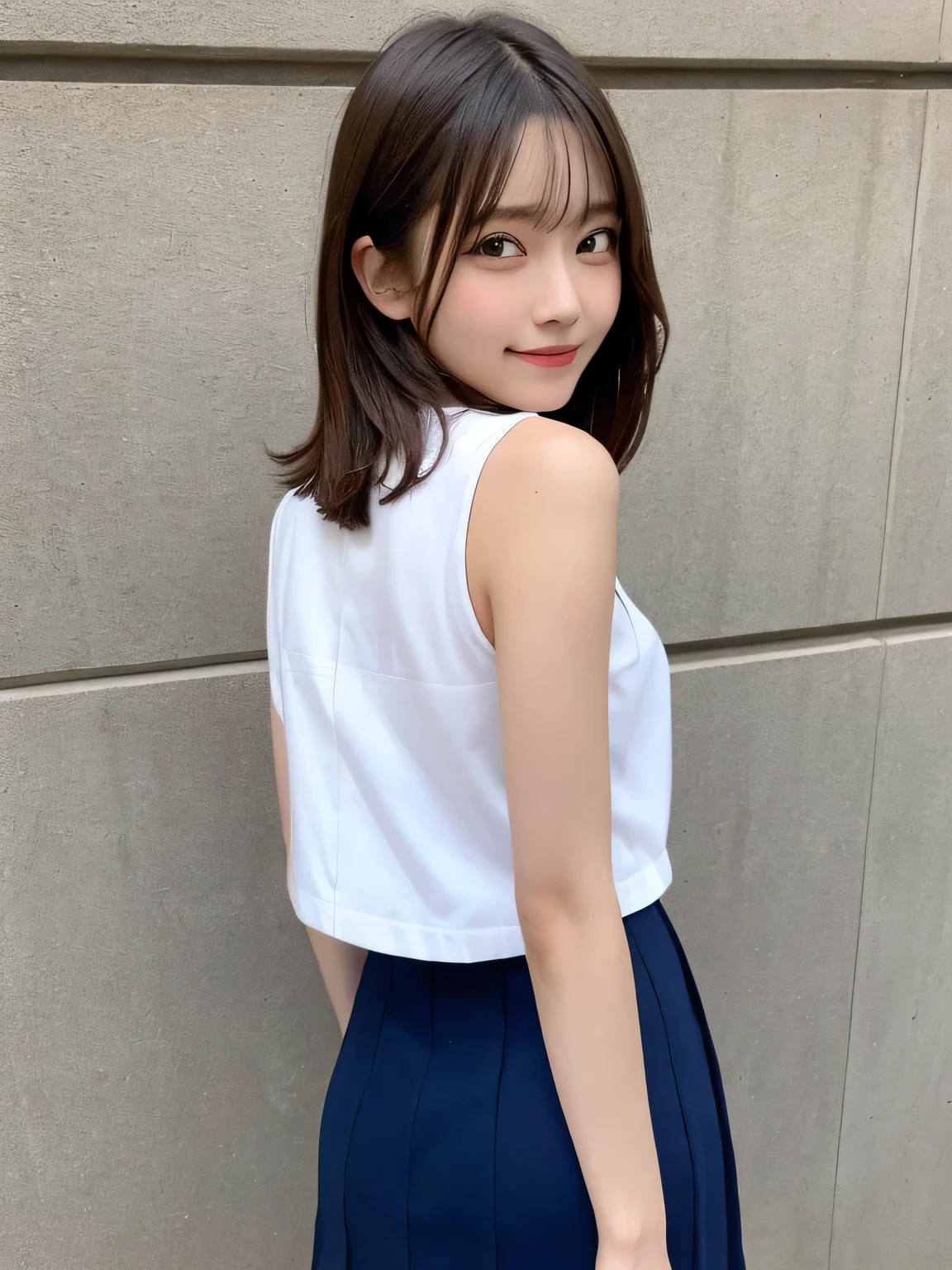 In detail,Full body photo、One high school girl、High resolution, high quality、Slim body、Shapely small breasts、Perfect dynamic composition, Beautiful fine details, Short Hair、Natural color lip,Kamimei、、Clear Skin、Sleeveless red sailor suit、Navy blue mini skirt、Thighs、Shiny Hair、最high quality, figure, Very detailed, In detail, High resolution, 8k、The correct state of the human body、Sculpture model pose,Yellow wall,Looking at the viewer with his back turned、Thighs are visible、smile、