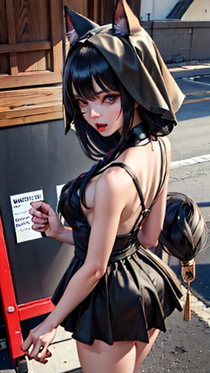 evildoer、girl、Hiding one eye、Black Hair、Bobcut、Black Veil、Black flared mini skirt、Eyes、Cat ear、cute、front、Open your mouth、Close-up of face、10generation、tall、eight-headed body、Morning back alley