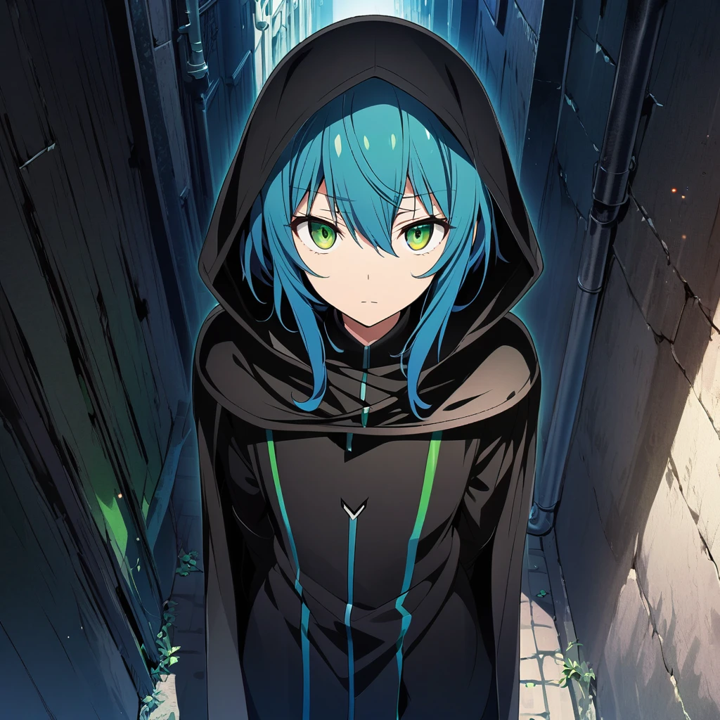 Shiota Nagisa \(AKB0048 Next Stage\), (short blue hair), (sharp green eyes):1.2, black assassin costume, bangs, expressionless, cape, ((ultra-detailed)), ((illustration)), ((neat hair)), (beautiful detailed eyes), male, 1boy, stalking, ((shadowed alleyway)), looking at viewer