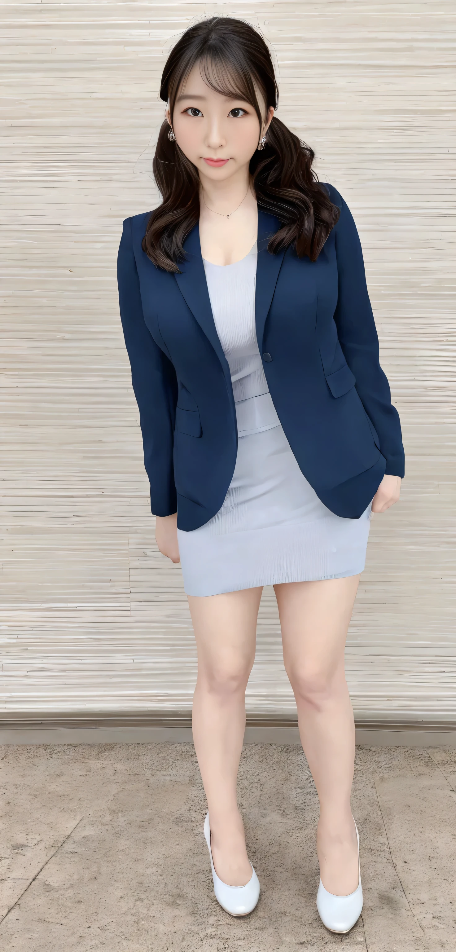 Japanese ID, Mature Woman, ((Chubby round face around 30 years old)), Wavy black hair with no bangs, Long Hair:1.65, Big twin ponytail:1.79, Flashy makeup, Fuller lips, Sexy Gaze, Cute Uniform, ((dressing)), looking at the camera, Low angle shooting, Cute duck lips,((Very accurate and correct ???????)), (masterpiece:1.3), Perfect balance, Realistic photos, Full Shot, whole body, ((height: 168cm)), High heels, loafers, (2 Foot, Two Arms), ((Panty shot)),Big Breasts:1.95
