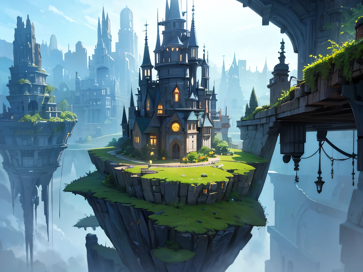 A sinister futuristic floating island, suspended in the air, cities, fantasy, (Villain's Hideout), (kawaii), Cute, Cute, anime style, technological, dark, funny, Magical plant growth, extreme details, realistic light, blue sky, Epic composition, (complex parts), (complex design, ultra details: 1.2), art station, (masterpiece, Best quality), Ultra HD, 32k --v 6