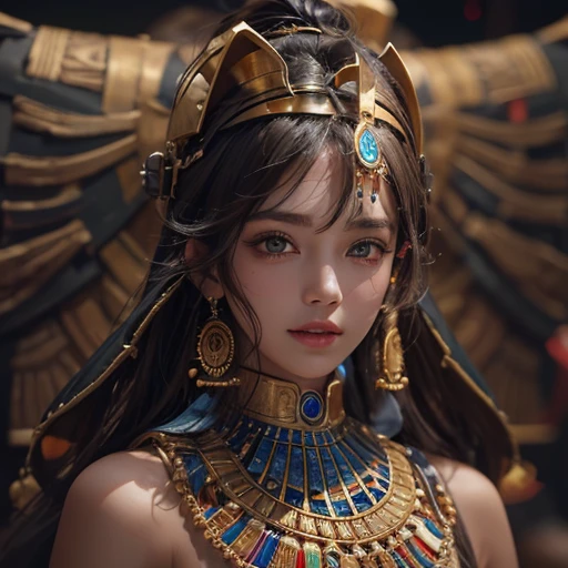 Standing in an ancient Egyptian cave、Blowing hair 、 ((highest quality、masterpiece、8k、Best image quality、Ultra-high resolution、Award-winning works)、(Accurate anatomy:1.1)、(Look at me and smile:1.0)、Shining fair skin with Ultra-high resolution、The most detailed face、Ultra-high resolution detailed face、Ultra-high resolutionの髪の毛、(Ultra-high resolution eye:1.1)、Beautiful face drawn in every detail、Ancient Egyptian costumes, Chest to chest, Dark atmosphere,Dark Light, Ancient Egyptian makeup,