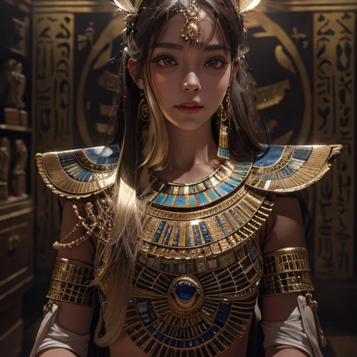 Standing in an ancient Egyptian cave、Blowing hair 、 ((highest quality、masterpiece、8k、Best image quality、Ultra-high resolution、Award-winning works)、(Accurate anatomy:1.1)、(Look at me and smile:1.0)、Shining fair skin with Ultra-high resolution、The most detailed face、Ultra-high resolution detailed face、Ultra-high resolutionの髪の毛、(Ultra-high resolution eye:1.1)、Beautiful face drawn in every detail、Ancient Egyptian costumes, Chest to chest,  Dark atmosphere,Dark Light, Ancient Egyptian makeup, 
