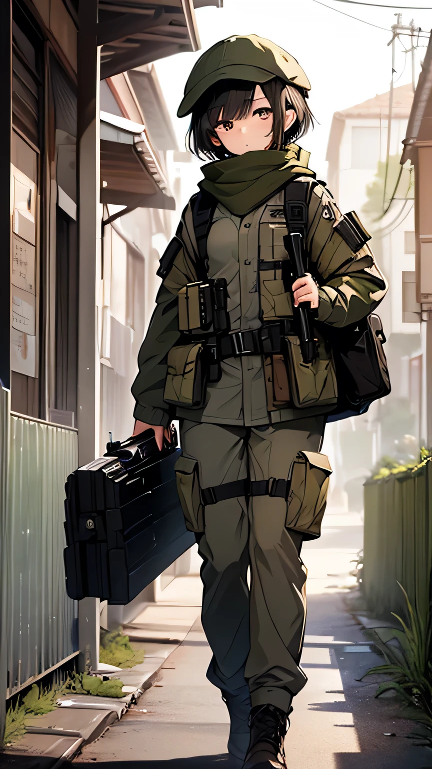 ((((best quality)))),((((Full-HD)))), boy, standing, short hair, black hair, brown eyes，((delicate eyes)), short,full body shot, male， scarf，skinny, shooting a gun in front of her, beauty mark, plate carrier，sketch, dark_whiteolive drab military uniforve drab flat cap