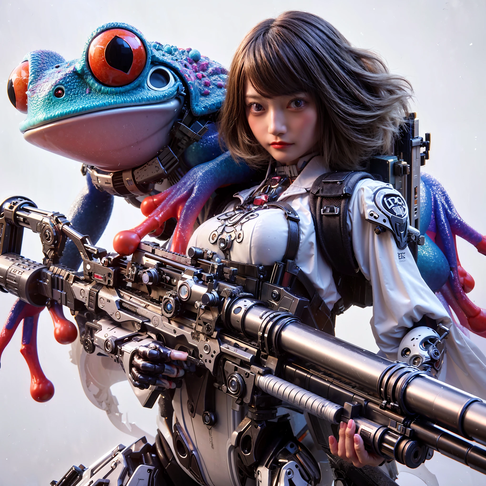 ultra high res,8k,(Photorealsitic:1.4), (crab-like animal wear:1.2), designed by Hajime Katoki,heavy weapons,Vernier, thruster, apogee motor, propellant tank, vivid textures,animal legs, gradation hair, japanese female realistic face, black eyes,((super realistic all textures)), ((super intricate all details)), full body shot, ultrasharp, Acrylic Clear Cover, Hydraulic cylinder,super fine photorealistic style, Minimum of 4 pieces created