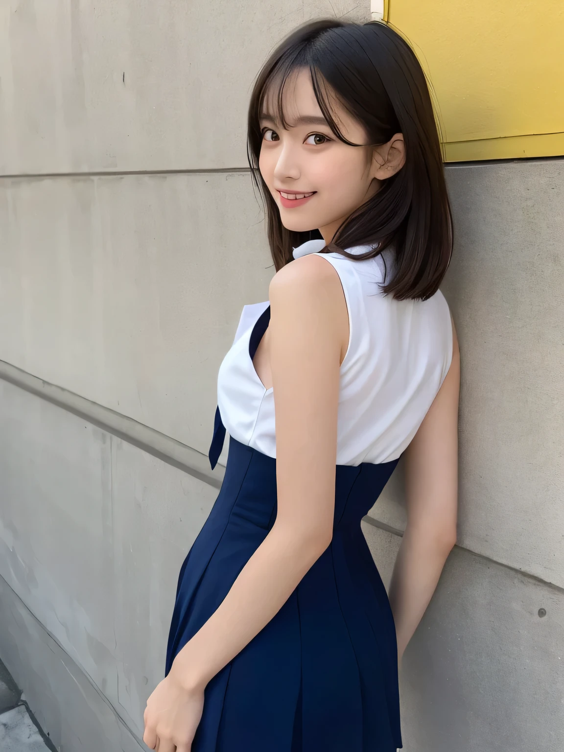 In detail,Full body photo、One high school girl、High resolution, high quality、Slim body、Shapely small breasts、Perfect dynamic composition, Beautiful fine details, Short Hair、Natural color lip,Kamimei、、Clear Skin、Sleeveless red sailor suit、Navy blue mini skirt、Thighs、Shiny Hair、最high quality, figure, Very detailed, In detail, High resolution, 8k、The correct state of the human body、Sculpture model pose,Yellow wall,Looking at the viewer with his back turned、Thighs are visible、smile、