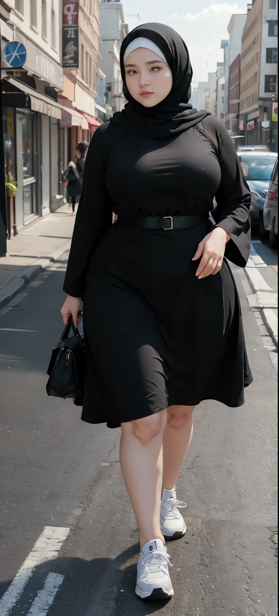 Milky white skin woman in black dress and hijab walking down the street, , hijab outfit, , hijab fashion model, plus size, plus size woman, , woman in black robes, beautiful woman, thicc, black outfit,, bbwchan , white sneakers , Height 170 cm, beautiful woman, with a beautiful appearance, a very beautiful masterpiece, a masterpiece of art, good lighting, Bright colors, Clean lines