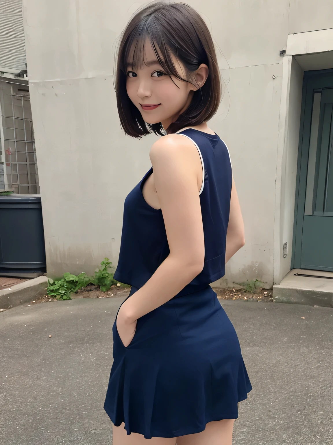 In detail,Full body photo、One high school girl、High resolution, high quality、Slim body、Shapely small breasts、Perfect dynamic composition, Beautiful fine details, Short Hair、Natural color lip,Kamimei、、Clear Skin、Sleeveless red sailor suit、Navy blue mini skirt、Thighs、Shiny Hair、最high quality, figure, Very detailed, In detail, High resolution, 8k、The correct state of the human body、Sculpture model pose,Yellow wall,Looking at the viewer with his back turned、Thighs are visible、smile、