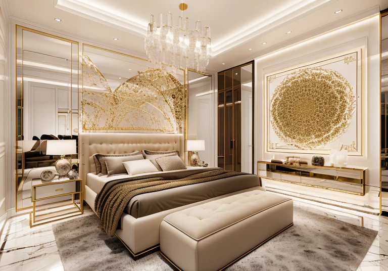 Modern bedroom design, luxurious interior, ((high resolution image, 8k, detailed anatomy of each object, rough surface, super detailed, super realistic, beautiful) spotless , surreal , spacious space , full light