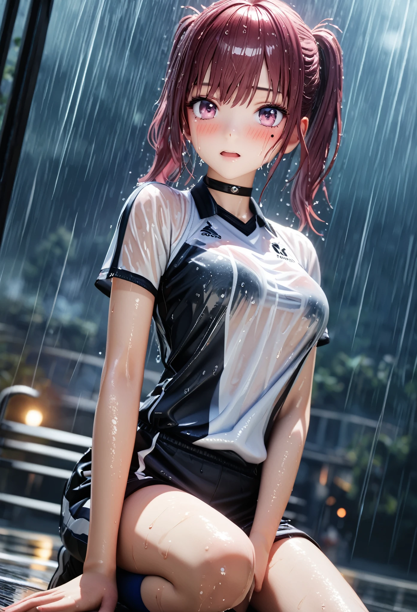 masterpiece, best quality, highly detailed, high resolution, expensive resolution, high resolution, 4k, 8k, Unity 8k wallpaper, highly detailed CG, masterpiece, 2d, 3d, beautiful details, depth, fine texture, best quality: 1.3, perfect focus, transparent skin, him, rain, wet, wet clothes: 1.2 very cute anime girl, (bra visible through volleyball uniform and knee supporter,wet from pouring rain, knee supporter, volleyball shoes), big breasts, expensive twin-tail hair, alone girl, rain, (raindrops dripping from wet hair, bra visible through thin volleyball uniform wet from rain, knee support, volleyball shoes, whole body), mole under eye, looking at viewer, expensive, blush, mole, open lips, heart, pink eyes, choker, white transparent bra