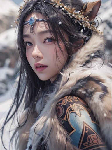 Hiding in the snowy mountains、Hair flow、 ((highest quality、masterpiece、8k、Best image quality、Ultra-high resolution、Award-winning works)、(Accurate anatomy:1.1)、(Look at me and smile:1.1)、Shining fair skin with Ultra-high resolution、The most detailed face、Ultra-high resolution detailed face、Ultra-high resolutionの髪の毛、(Ultra-high resolutionの煌めく瞳:1.1)、Beautiful face drawn in every detail、(Blurred Background:1.1)、Ancient Inuit clothing, Chest to chest, tattoo, Old ruins in the background、he'its big, You have a real hawk on your shoulder..