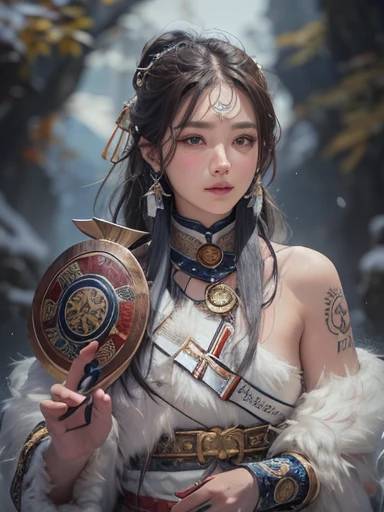 Hiding in the snowy mountains、Hair flow、 ((highest quality、masterpiece、8k、Best image quality、Ultra-high resolution、Award-winning works)、(Accurate anatomy:1.1)、(Look at me and smile:1.1)、Shining fair skin with Ultra-high resolution、The most detailed face、Ultra-high resolution detailed face、Ultra-high resolutionの髪の毛、(Ultra-high resolutionの煌めく瞳:1.1)、Beautiful face drawn in every detail、(Blurred Background:1.1)、Ancient Inuit clothing, Chest to chest, tattoo, Old ruins in the background、he'its big, You have a real hawk on your shoulder..