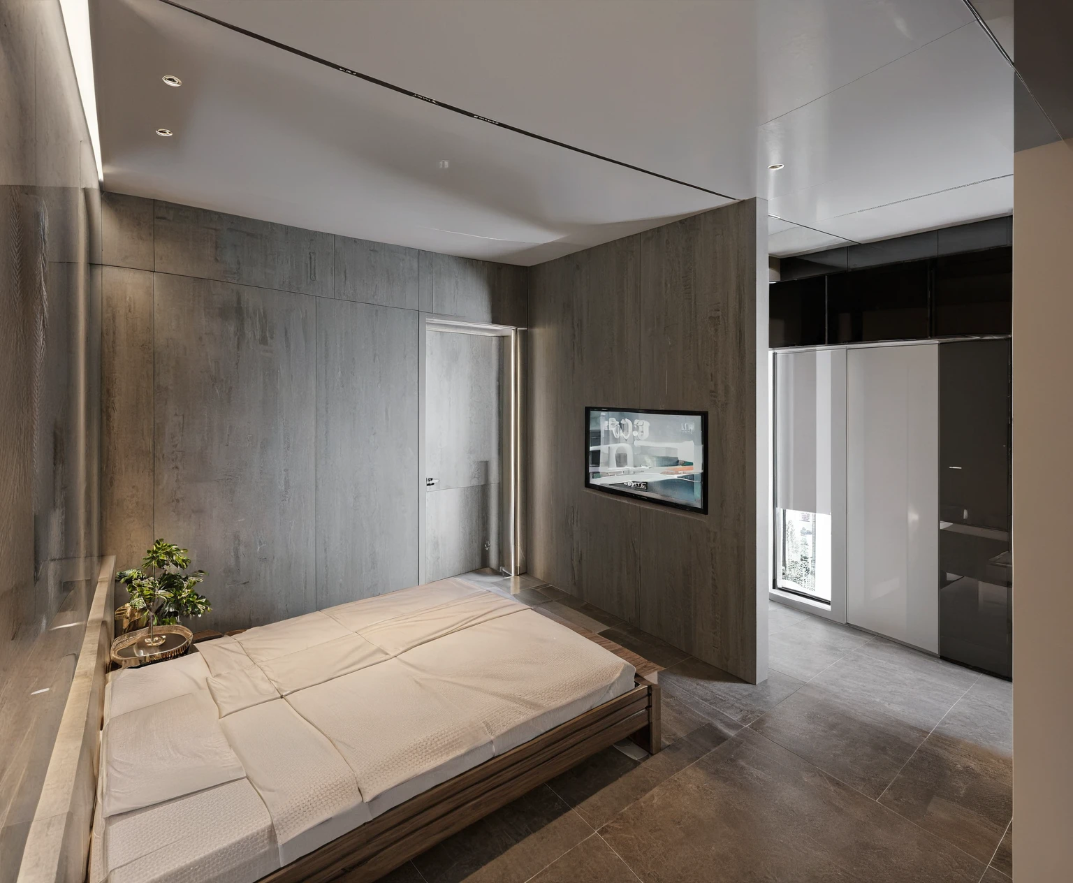 (best quality, masterpiece, high_resolution:1.5),UHD 32K, MATT CERAMIC TILING FLOOR, sharp detail, main materials white walls, WITH GREY MULLION STEEL FRAME, sky, day, indoors, no humans, window, chair, table, plant,BEDROOM ,Modern,3d style, ((FLAT WHITE CEILING : 1.3))