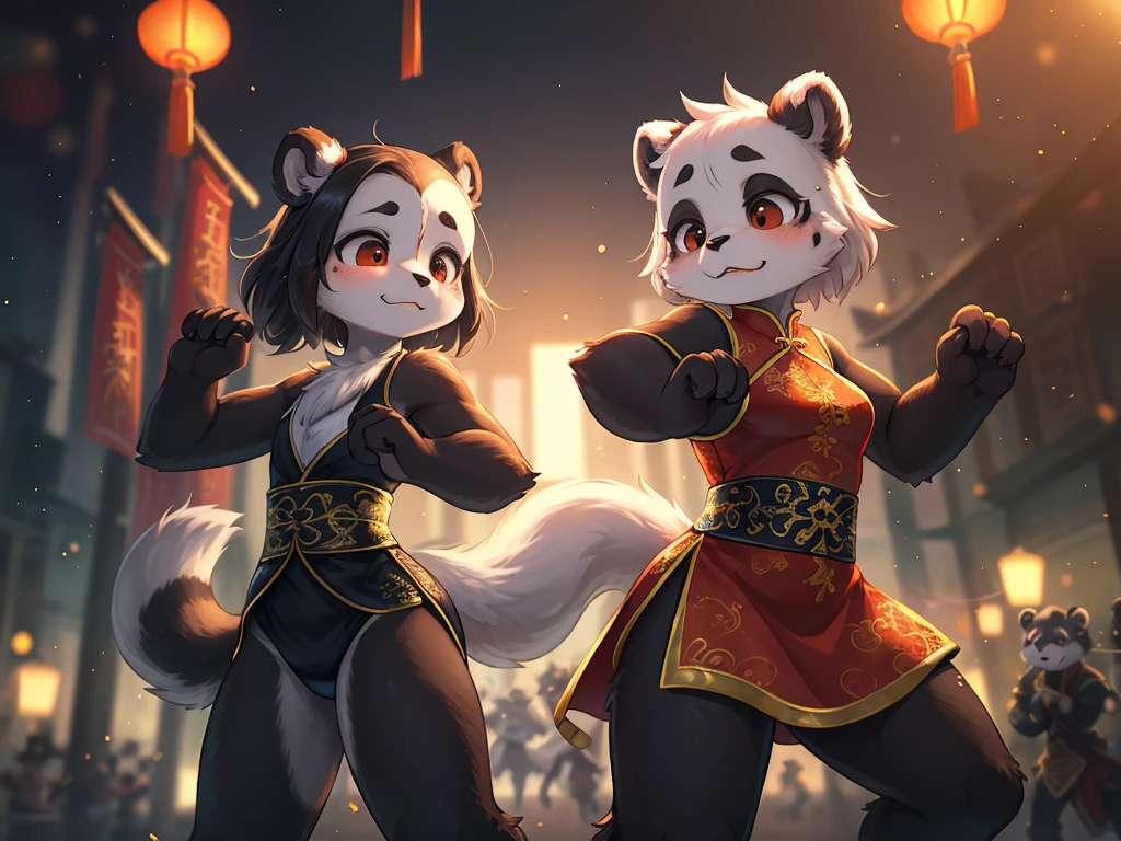 Ink painting , Hallucination, daydream , bokeh , hairy fur , messy slender panda girl , china dress , Chest protrusion , Chinese Panda pattern face , Kung Fu action , Do Tai Chi , Fluttering in the wind , High-level  Match, Clash