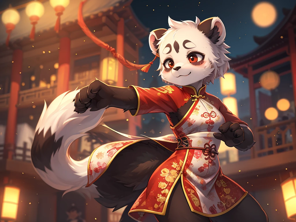 Ink painting , Hallucination, daydream , bokeh , hairy fur , messy slender panda girl , china dress , Chest protrusion , Chinese Panda pattern face , Kung Fu action , Do Tai Chi , Fluttering in the wind , High-level Match, Clash