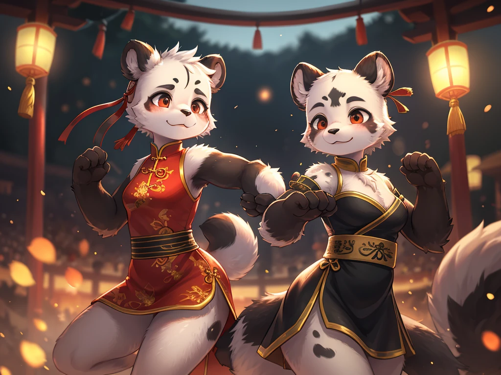 Ink painting , Hallucination, daydream , bokeh , hairy fur , messy slender panda girl , china dress , Chest protrusion , Chinese Panda pattern face , Kung Fu action , Do Tai Chi , Fluttering in the wind , High-level  Match, Clash