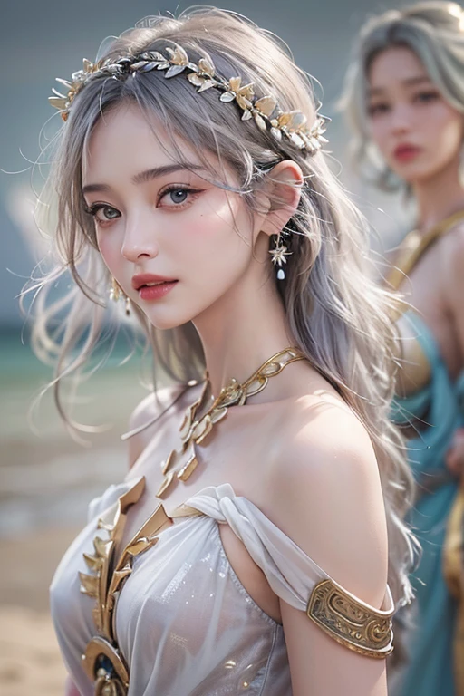 (masterpiece:1.3), (8k, Realistic, RAW Photos, Best image quality: 1.4), Fair-skinned fairy woman、Long Hair、Cleavage:2.0、Highly detailed face、Attention to detail、double eyelid、Chest to chest、Sharp focus:1.2、Beautiful woman:1.4、Silvery white hair、highest quality、masterpiece、超A high resolution、(Realistic:1.4)、Highly detailed and professionally lit smiles、Loose, Light, Ancient Greek clothing、Shoulders out、thin、Serious expression、Short-haired、Deadly position, Gorgeous Accessories, one person、whole body,Walking on the beach