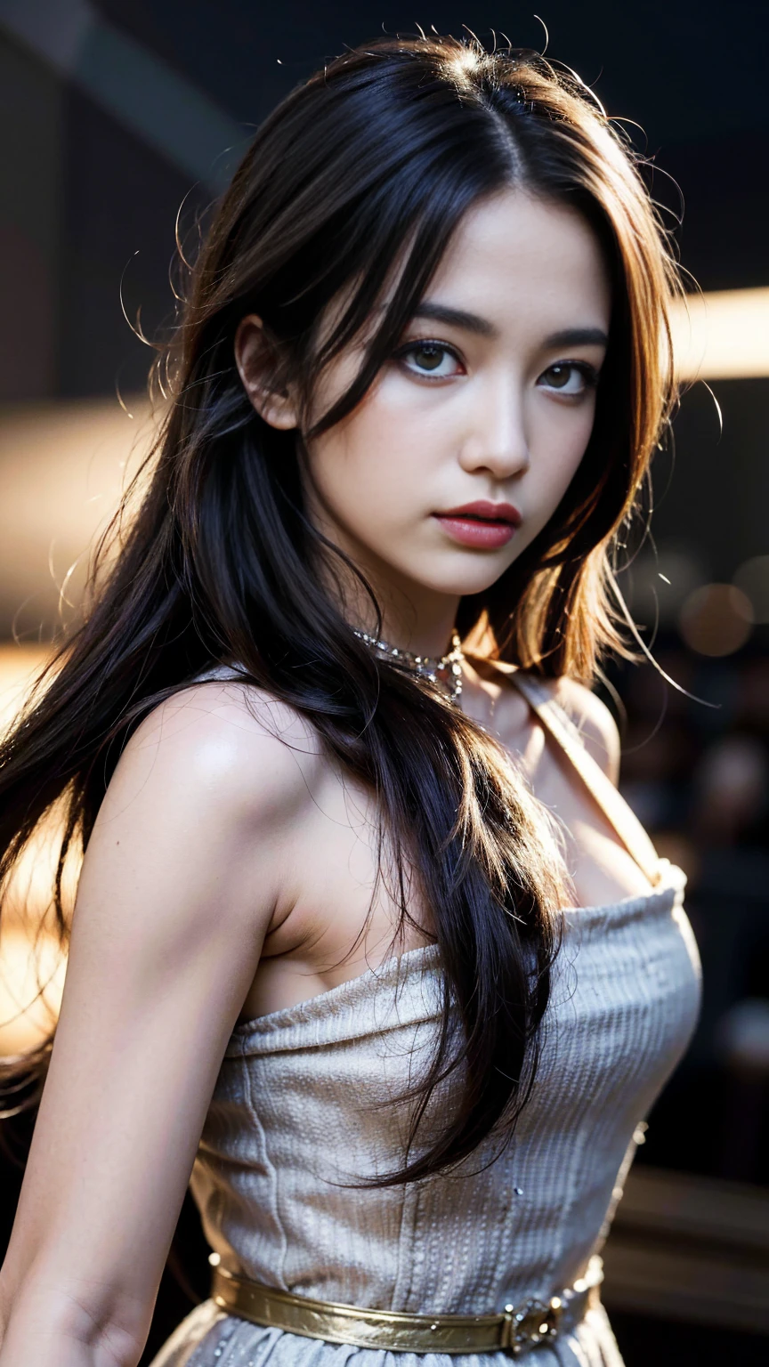 1girl, solo, best quality, masterpiece, Ruby Hoshino, beautiful detailed eyes, beautiful detailed lips, extremely detailed eyes and face, long eyelashes, elegant hair ornament, sparkling eyes, star on right eye, beautiful detailed dress, on the stage, concert, cinematic lighting, dynamic pose, vivid colors, photorealistic, highly detailed