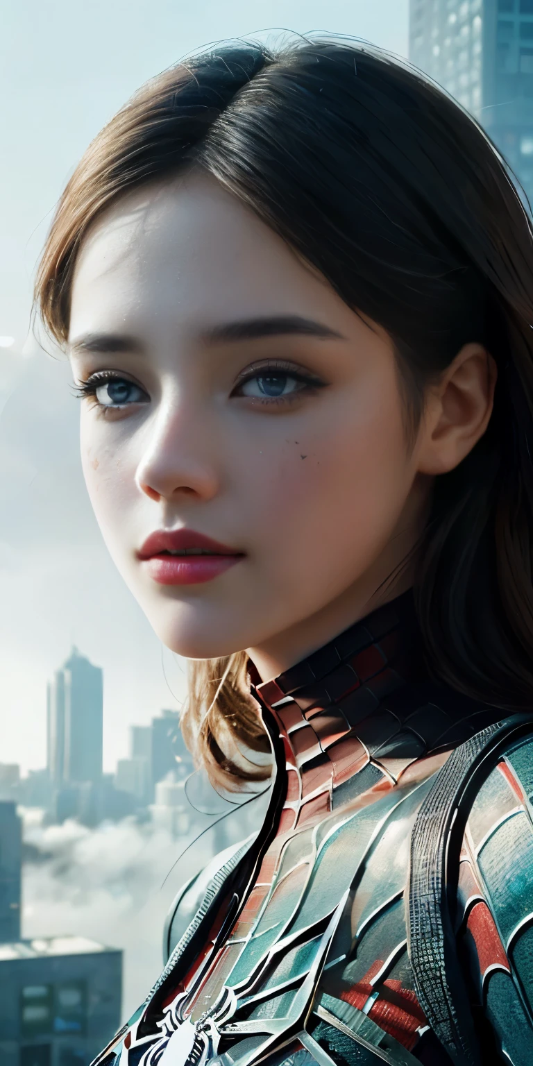 (1girl:1.3), Solo, (((Very detailed face)))), ((Very detailed eyes and face)))), Beautiful detail eyes, Body parts__, Official art, Unified 8k wallpaper, Super detailed, beautiful and beautiful, beautiful, masterpiece, best quality, original, masterpiece, super fine photo, best quality, super high resolution, realistic realism, sunlight, full body portrait, amazing beauty, dynamic pose, delicate face, vibrant eyes, (from the front), She wears Spider-Man suit, red and black color scheme, spider, very detailed city roof background, rooftop, overlooking the city, detailed face, detailed complex busy background, messy, gorgeous, milky white, highly detailed skin, realistic skin details, visible pores, clear focus, volumetric fog, 8k uhd, DSLR, high quality, film grain, fair skin, photo realism, lomography, futuristic dystopian megalopolis, translucent without cloth 