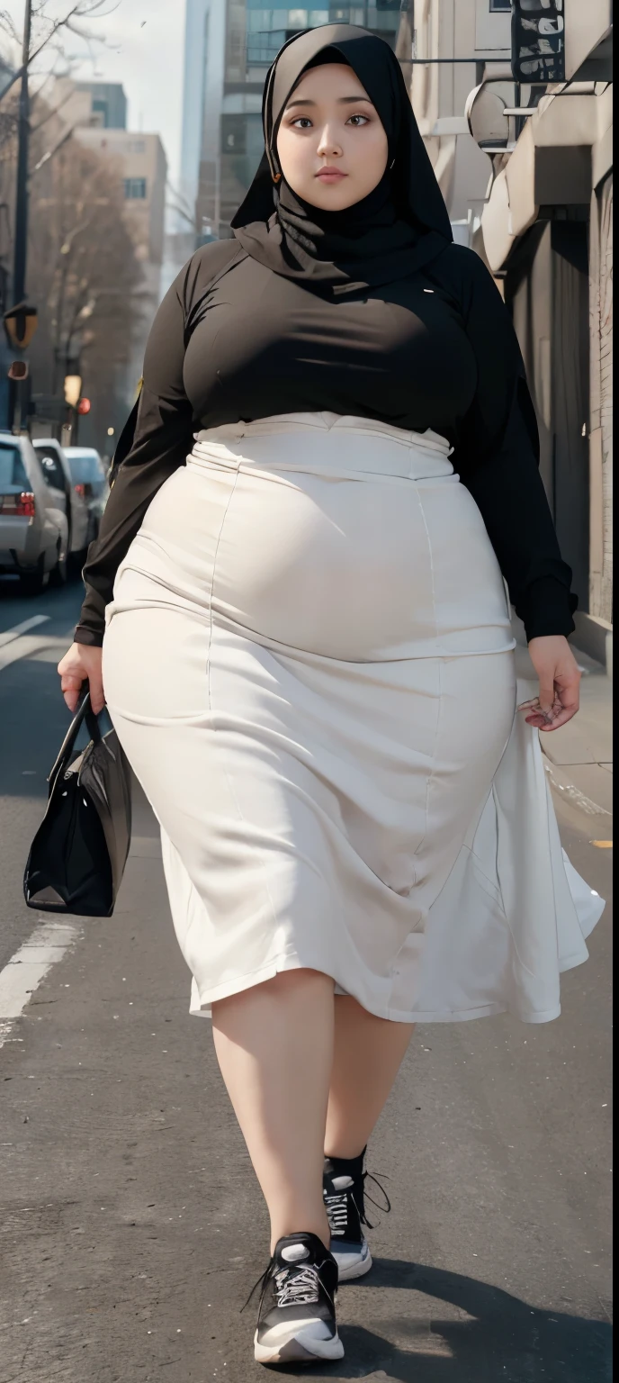 Milky white skin woman in black dress and hijab walking down the street, , hijab outfit, , hijab fashion model, plus size, plus size woman, , woman in black robes, beautiful woman, thicc, black outfit,, bbwchan , white sneakers , Height 170 cm, beautiful woman, with a beautiful appearance, a very beautiful masterpiece, a masterpiece of art, good lighting, Bright colors, Clean lines