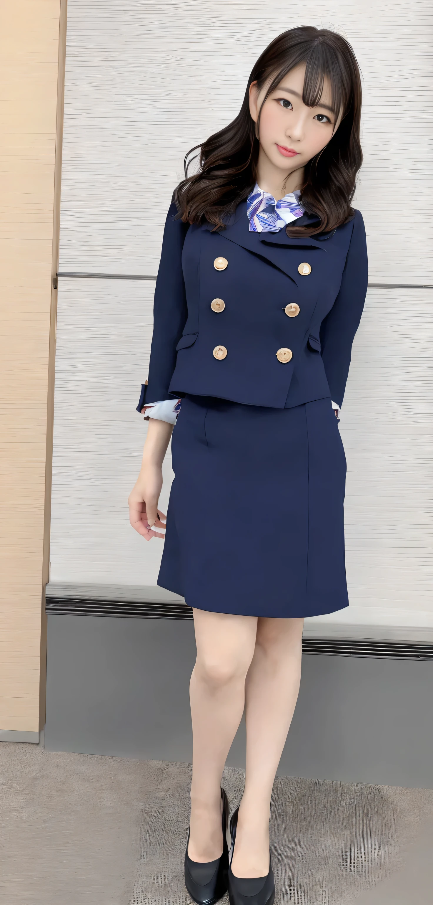 Japanese ID, Mature Woman, ((Chubby round face around 30 years old)), Wavy black hair with no bangs, Long Hair:1.65, Big twin ponytail:1.79, Flashy makeup, Fuller lips, Sexy Gaze, Cute Uniform, ((dressing)), looking at the camera, Low angle shooting, Cute duck lips,((Very accurate and correct anatomy)), (masterpiece:1.3), Perfect balance, Realistic photos, Full Shot, whole body, ((height: 168cm)), High heels, loafers, (2 Foot, Two Arms), ((Panty shot)),Big Breasts:1.95